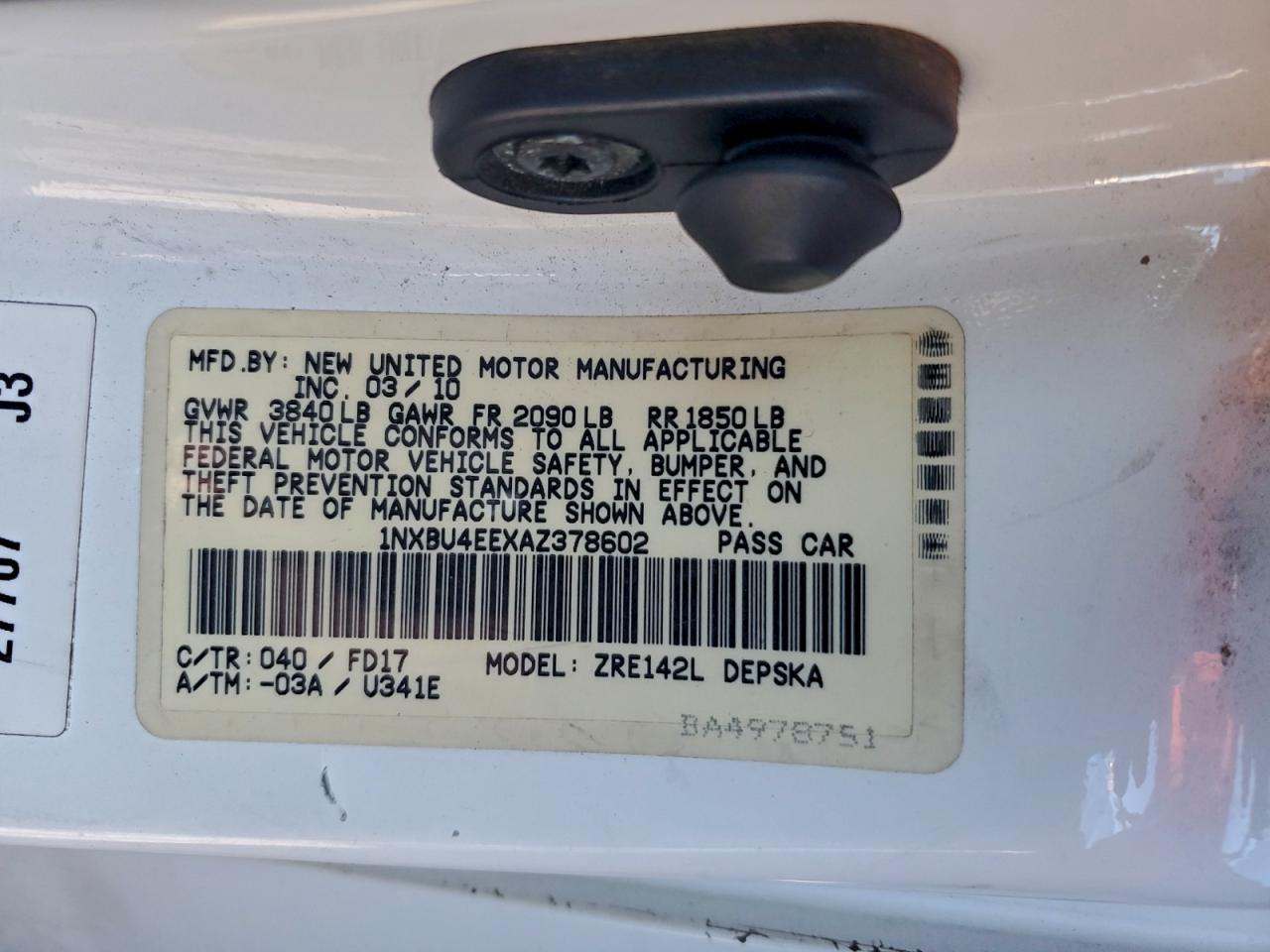 2010 Toyota Corolla Base VIN: 1NXBU4EEXAZ378602 Lot: 94168575