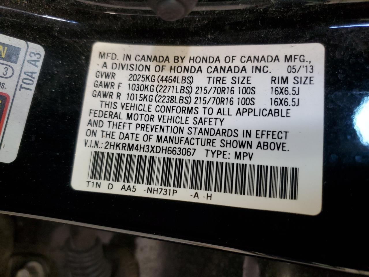 2013 Honda Cr-V Lx VIN: 2HKRM4H3XDH663067 Lot: 91271925