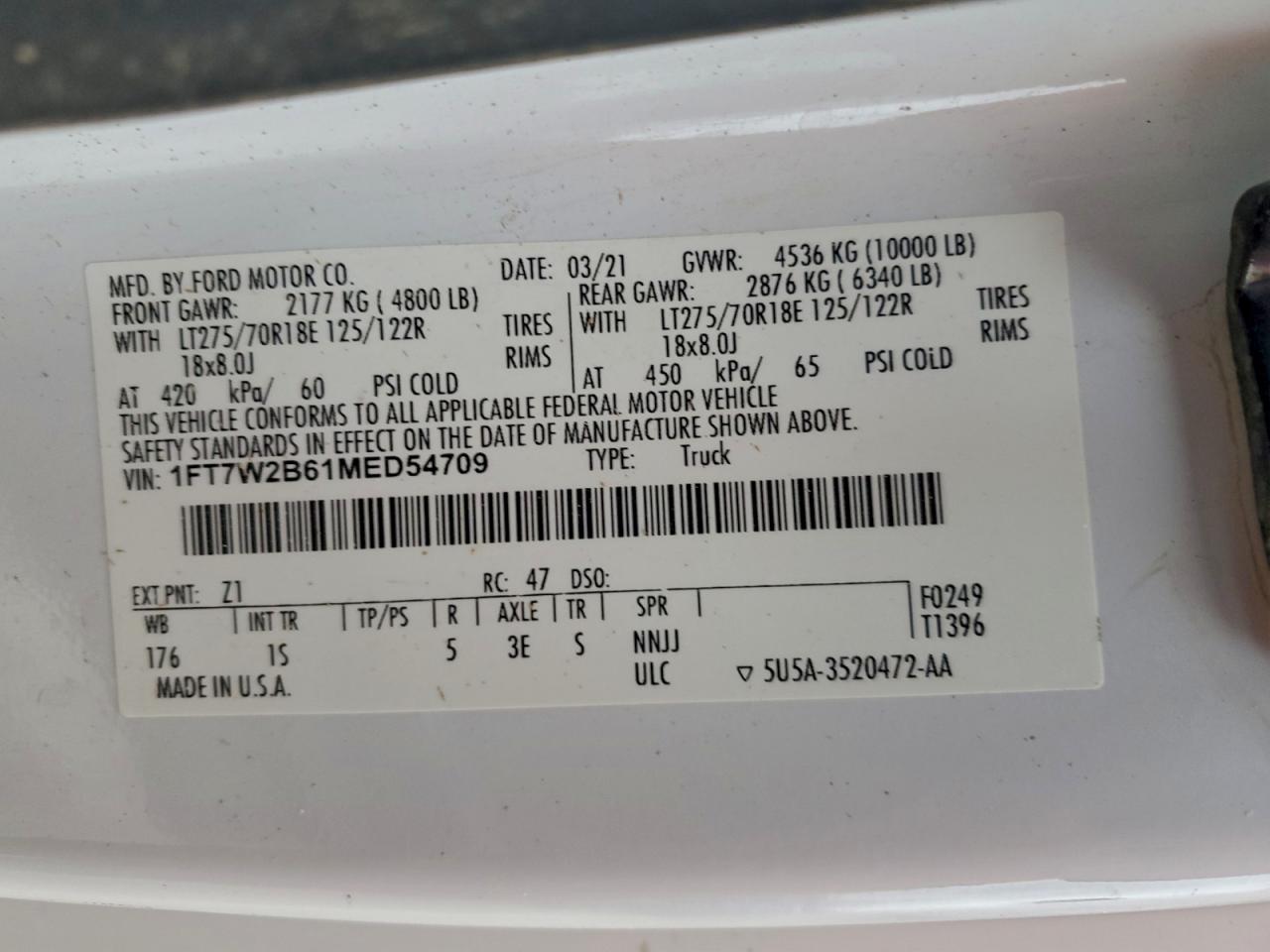 2021 Ford F250 Super Duty VIN: 1FT7W2B61MED54709 Lot: 94304455