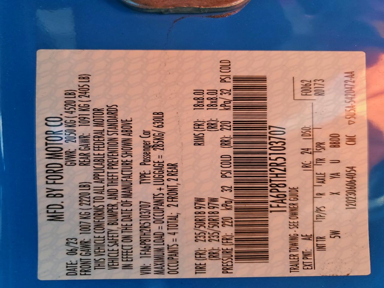 2024 Ford Mustang VIN: 1FA6P8TH2R5103707 Lot: 92491945