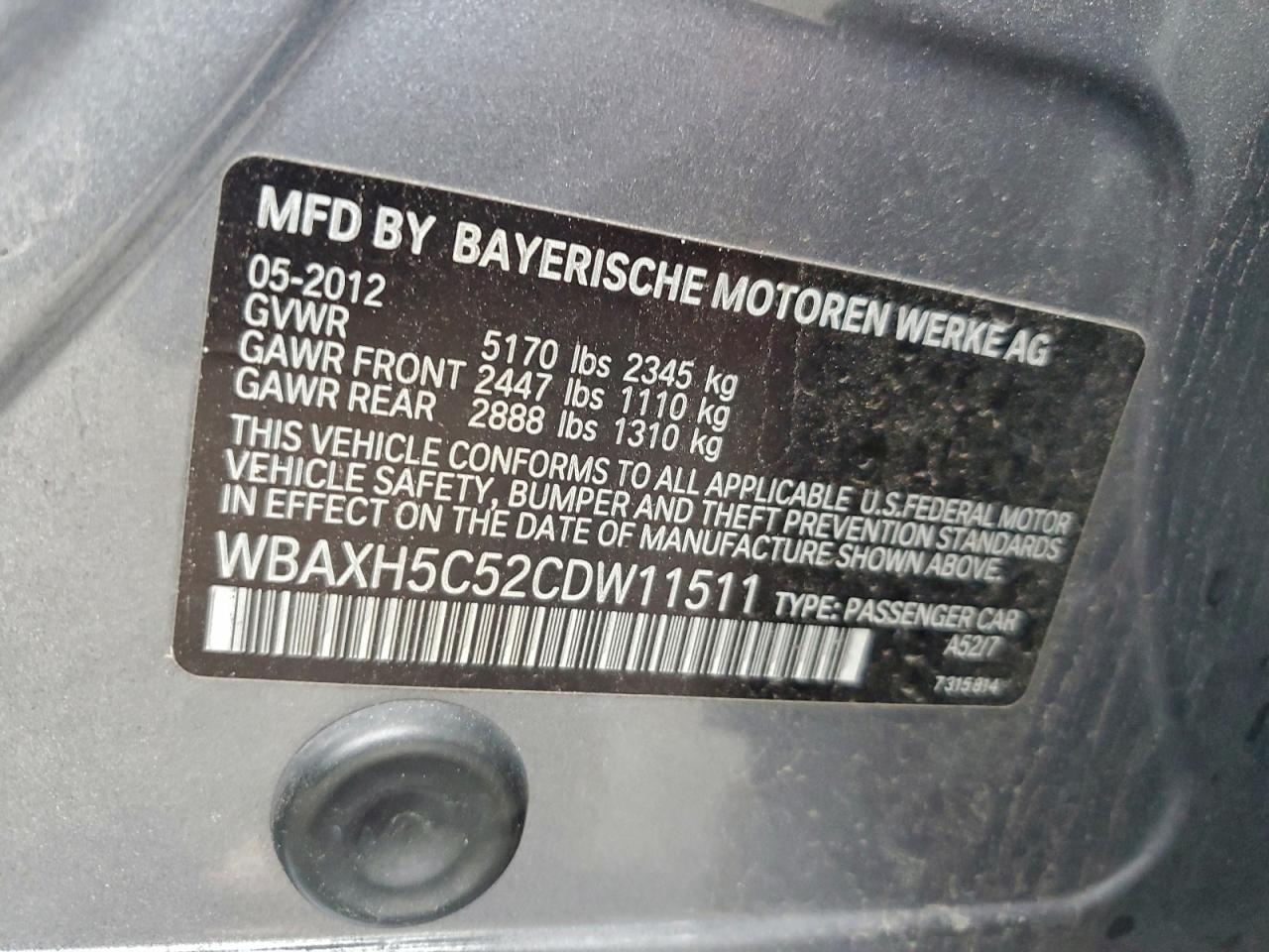 2012 BMW 528 Xi VIN: WBAXH5C52CDW11511 Lot: 94088265