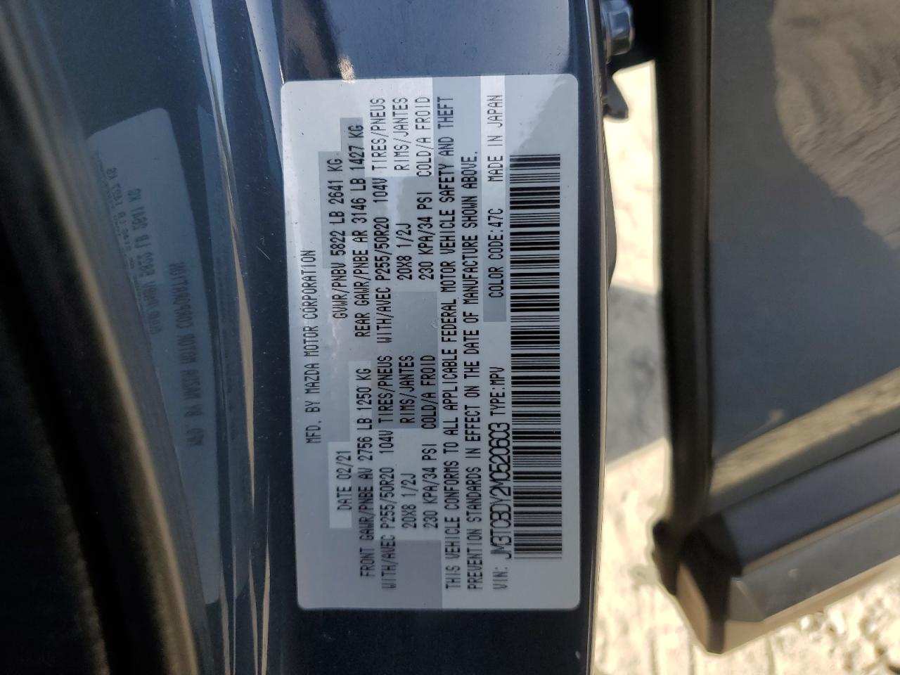 2021 Mazda Cx-9 Grand Touring VIN: JM3TCBDY2M0520603 Lot: 91762985