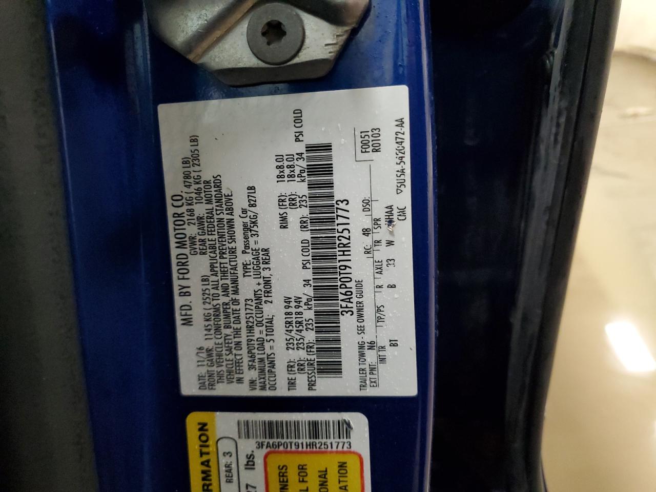 2017 Ford Fusion Se VIN: 3FA6P0T91HR251773 Lot: 92594985