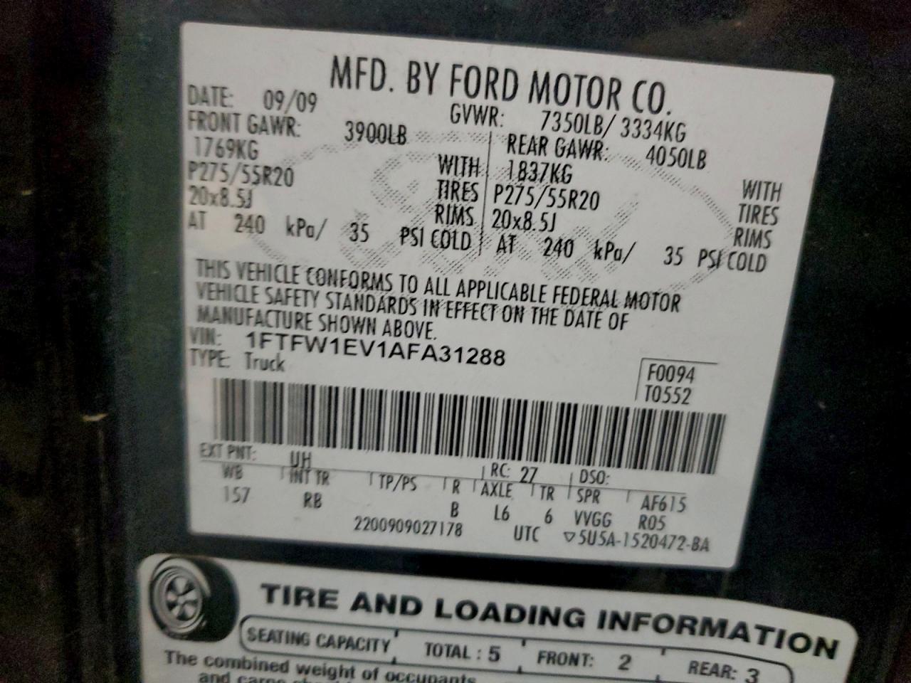 2010 Ford F150 Supercrew VIN: 1FTFW1EV1AFA31288 Lot: 93970835