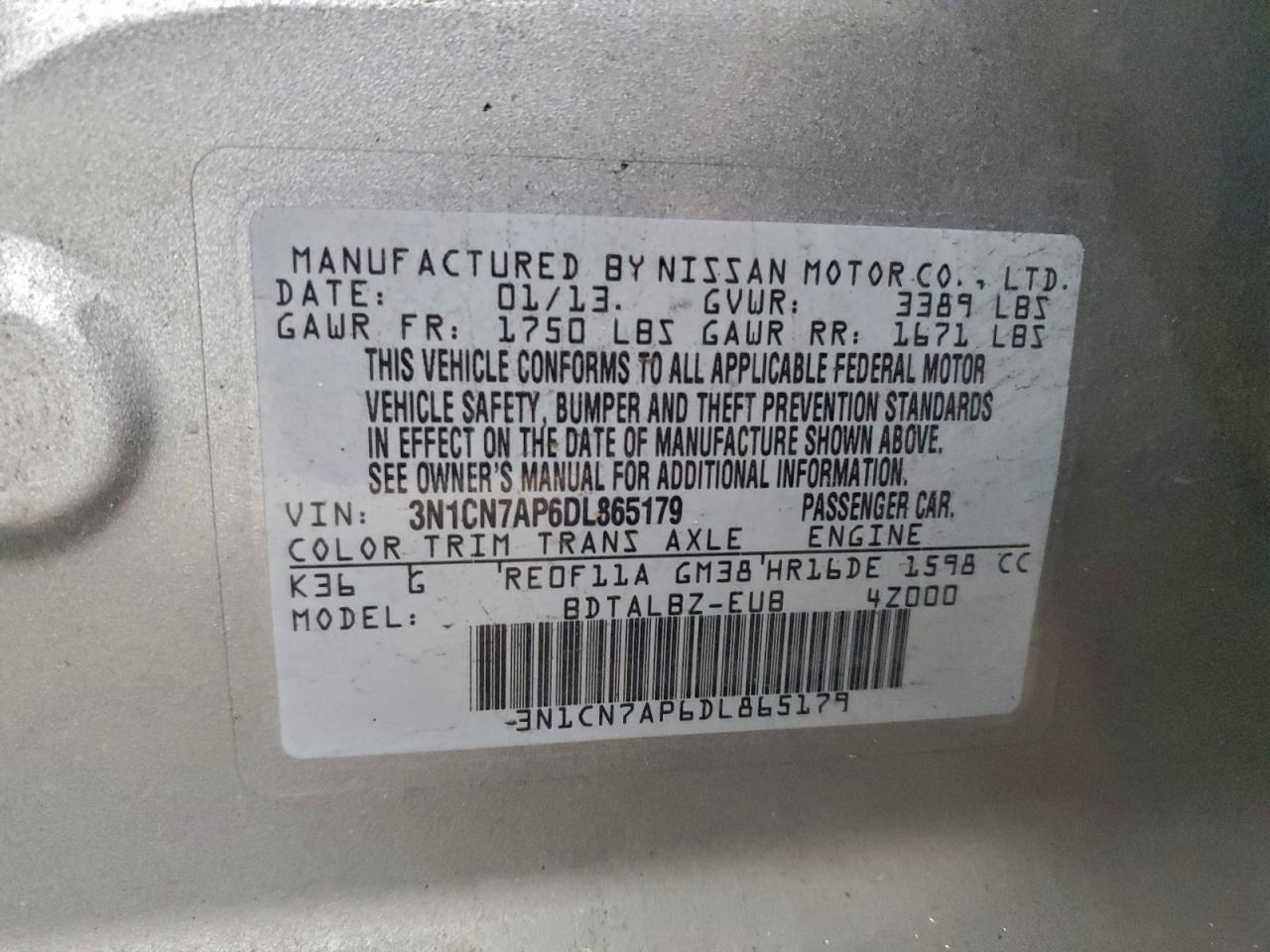 2013 Nissan Versa S VIN: 3N1CN7AP6DL865179 Lot: 93933575