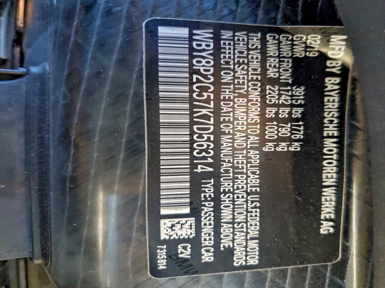 2019 BMW I3 Bev VIN: WBY8P2C57K7D56314 Lot: 94278005