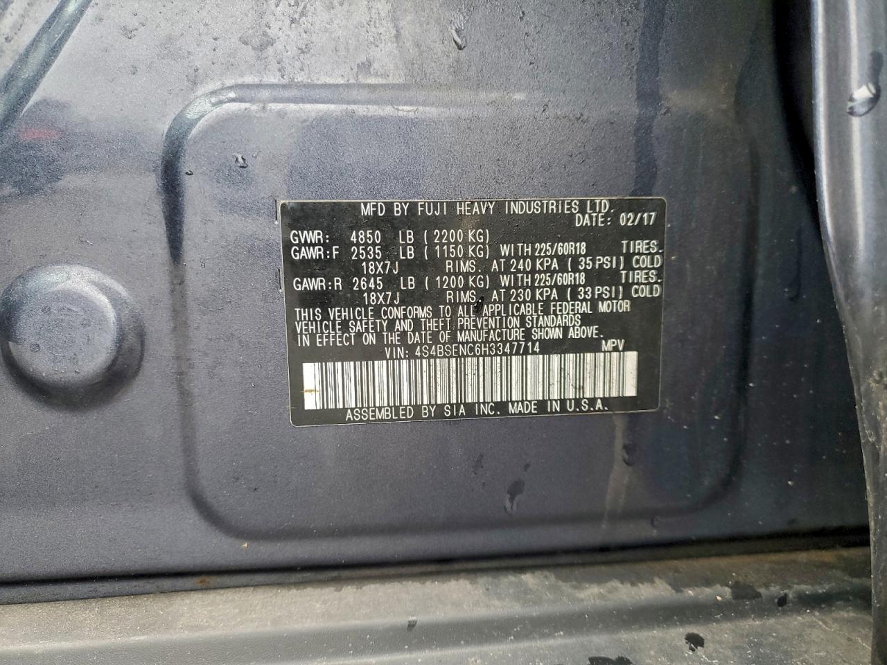 2017 Subaru Outback 3.6R Limited VIN: 4S4BSENC6H3347714 Lot: 93903495