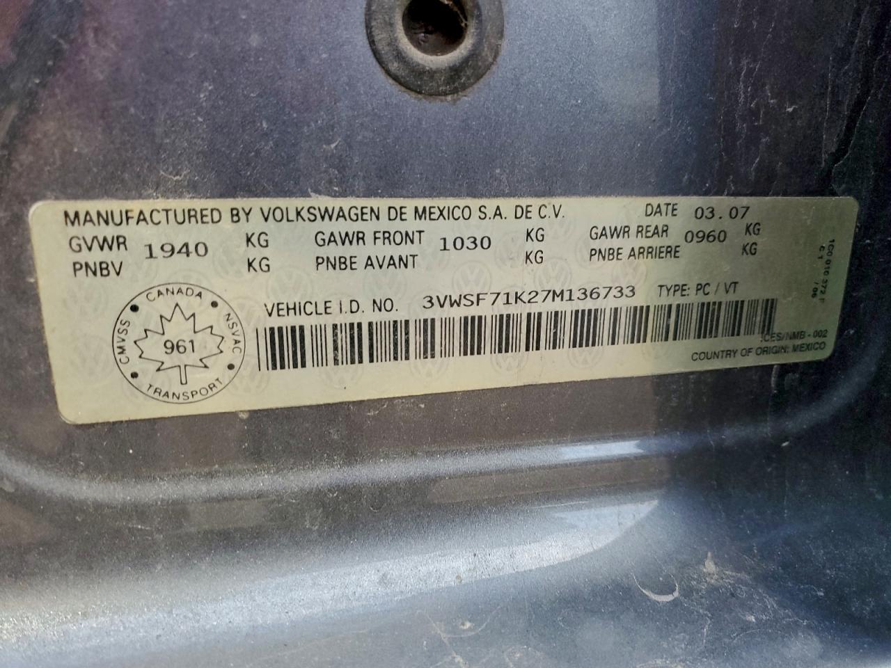 2007 Volkswagen Jetta 2.5 Option Package 1 VIN: 3VWSF71K27M136733 Lot: 93822515