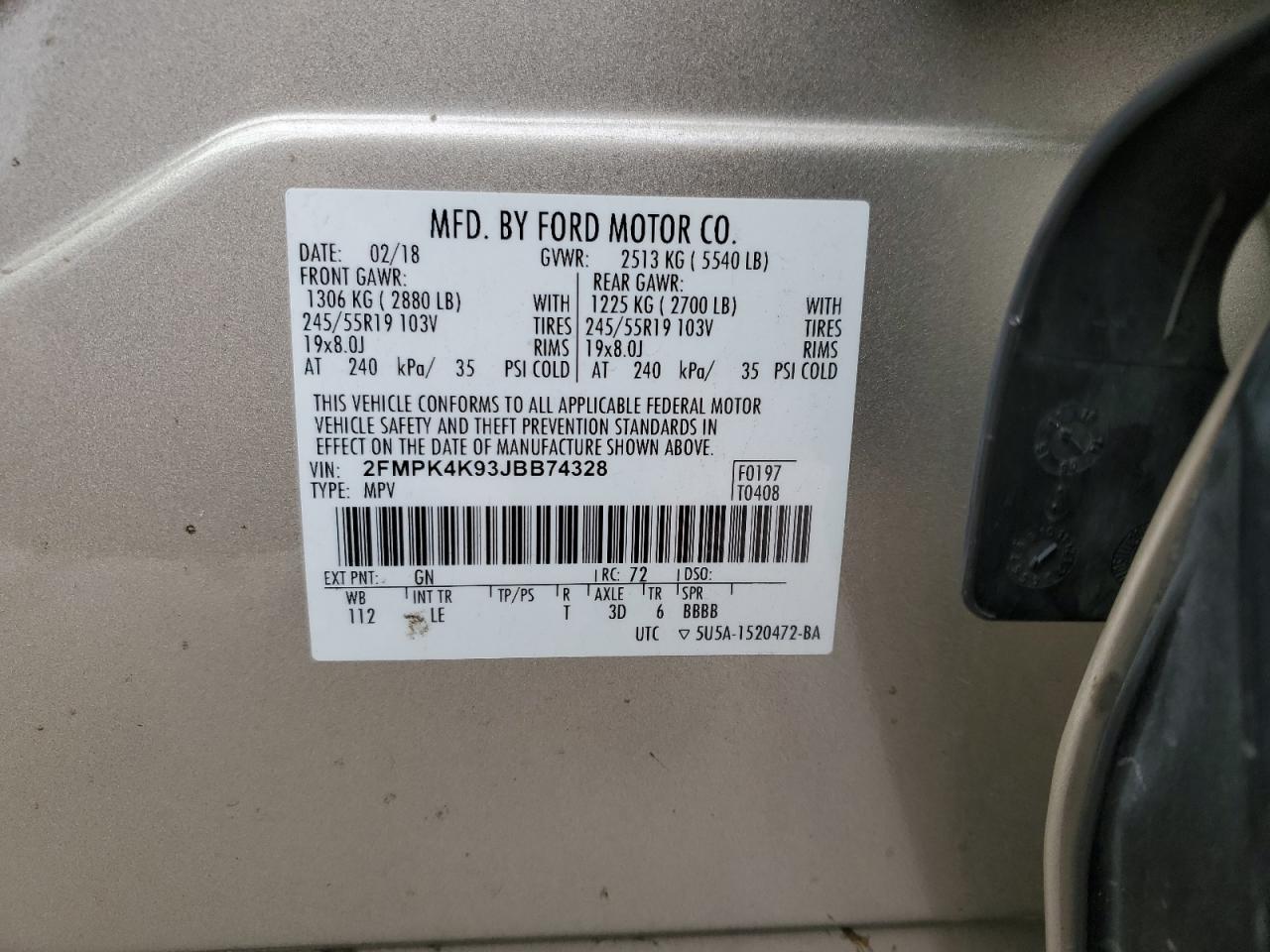 2018 Ford Edge Titanium VIN: 2FMPK4K93JBB74328 Lot: 93916975