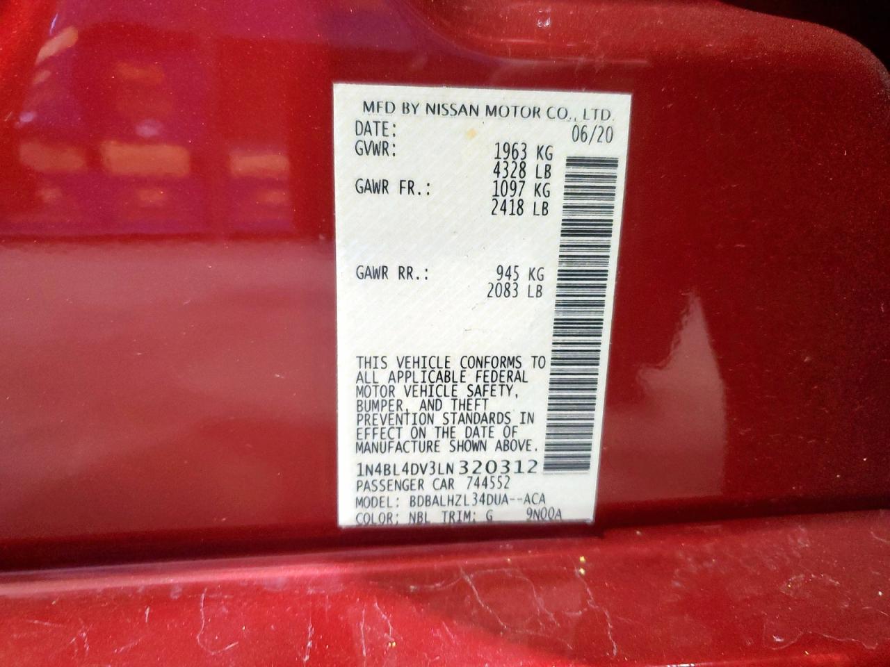 2020 Nissan Altima Sv VIN: 1N4BL4DV3LN320312 Lot: 90995595