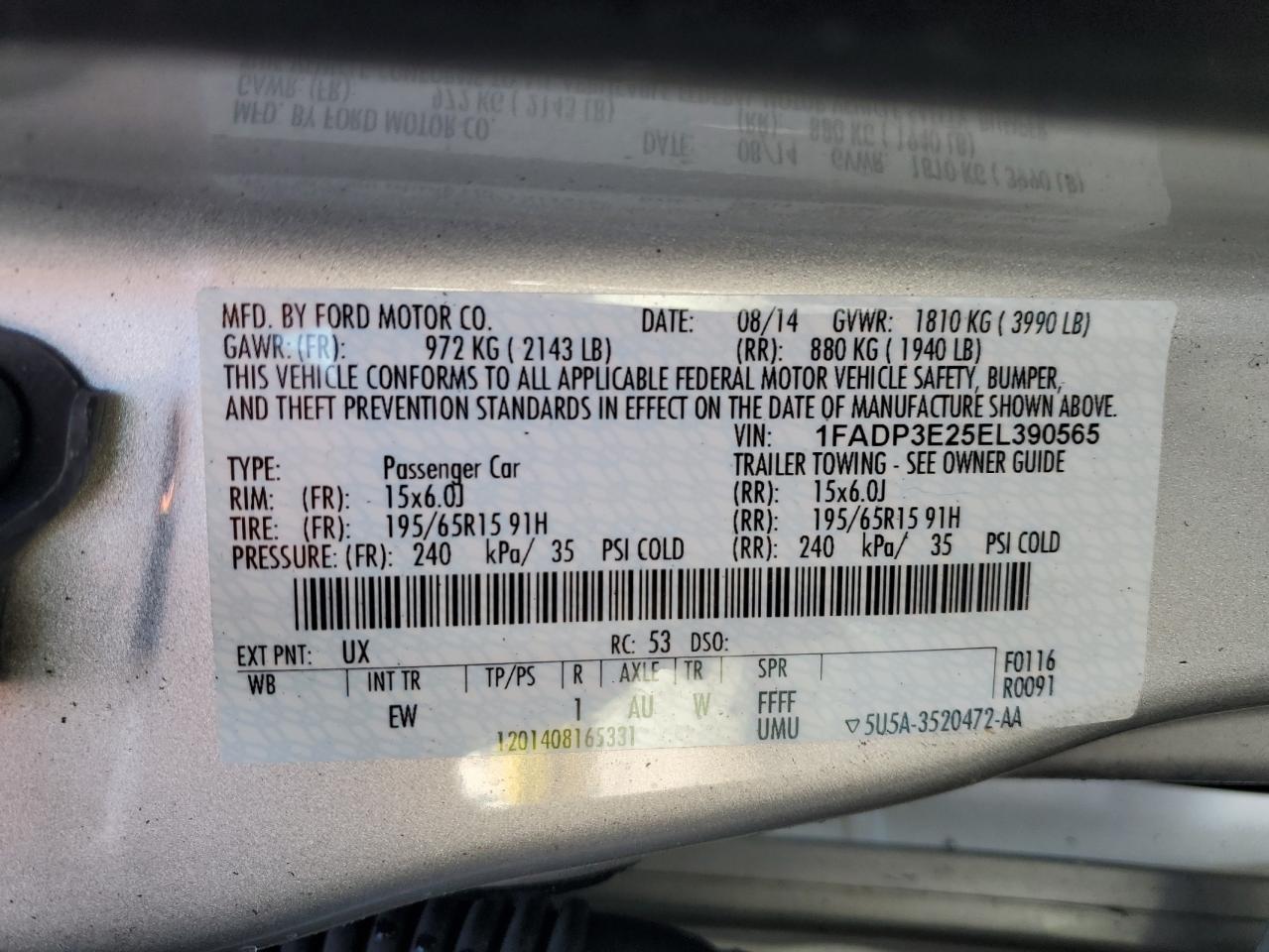 2014 Ford Focus S VIN: 1FADP3E25EL390565 Lot: 92173785