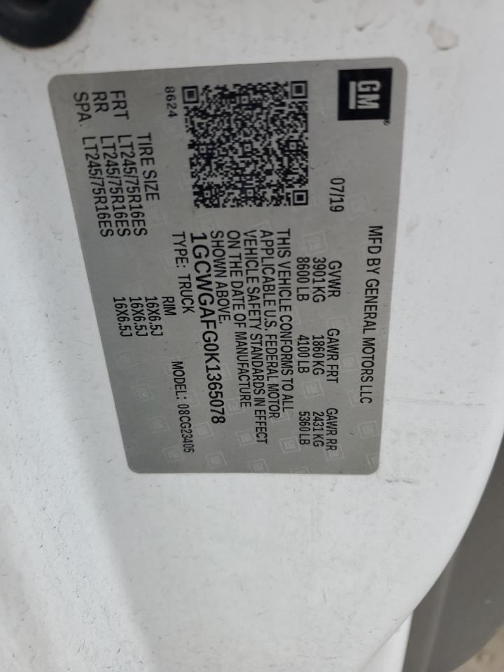 2019 Chevrolet Express G2500 Delivery Van VIN: 1GCWGAFG0K1365078 Lot: 91529985