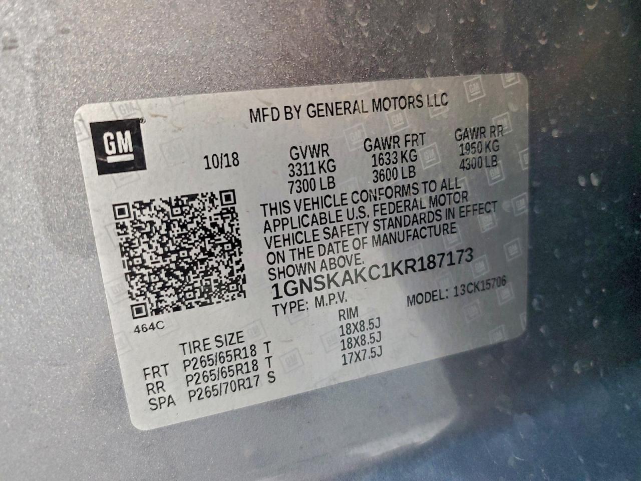 2019 Chevrolet Tahoe K1500 Ls VIN: 1GNSKAKC1KR187173 Lot: 93916985