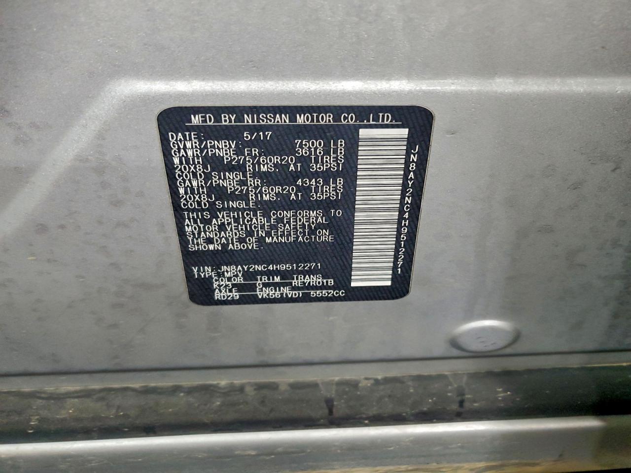 2017 Nissan Armada Sv VIN: JN8AY2NC4H9512271 Lot: 94169275