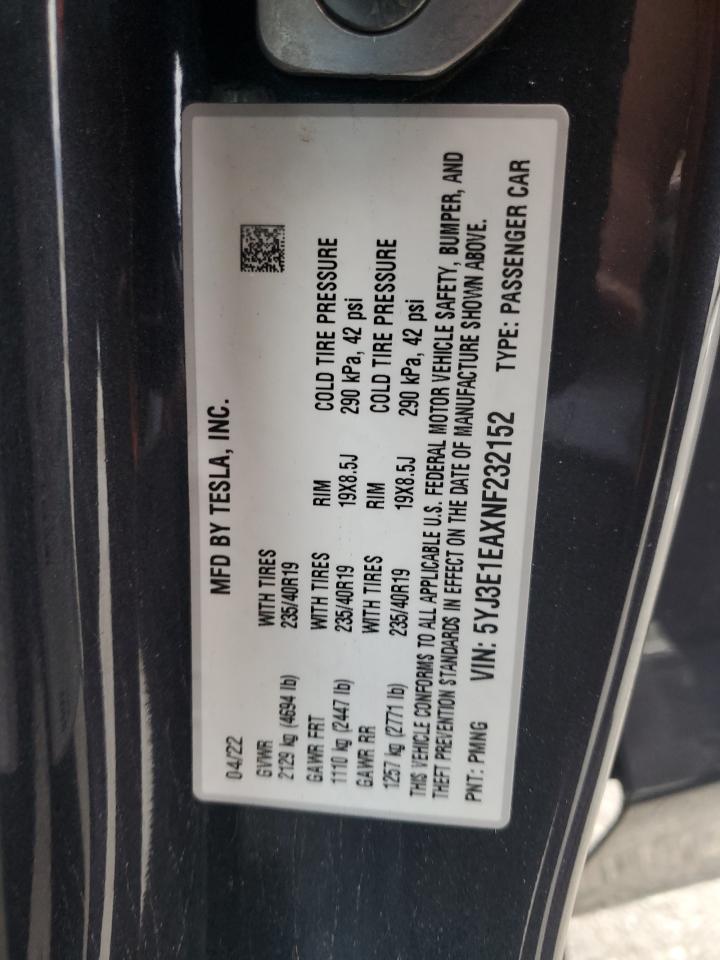 2022 Tesla Model 3 VIN: 5YJ3E1EAXNF232152 Lot: 92227465