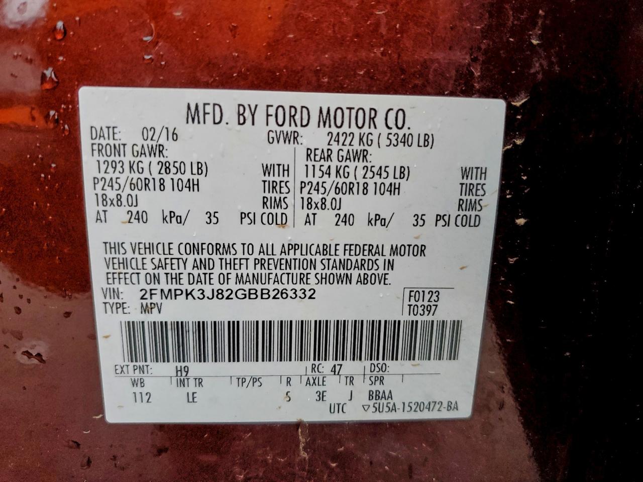 2016 Ford Edge Sel VIN: 2FMPK3J82GBB26332 Lot: 93940415