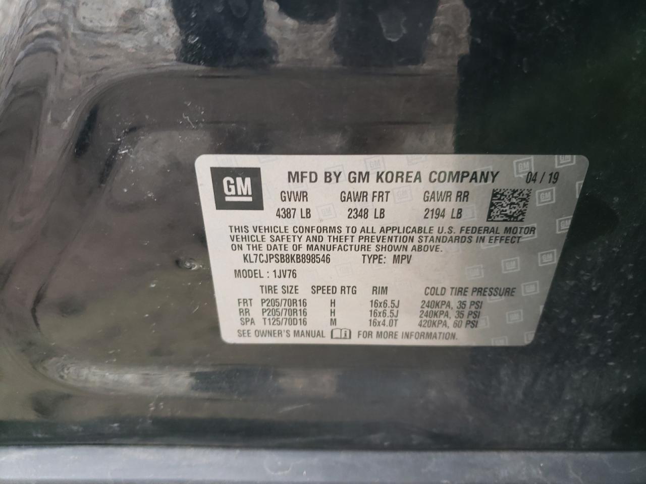 2019 Chevrolet Trax 1Lt VIN: KL7CJPSB8KB898546 Lot: 92442875