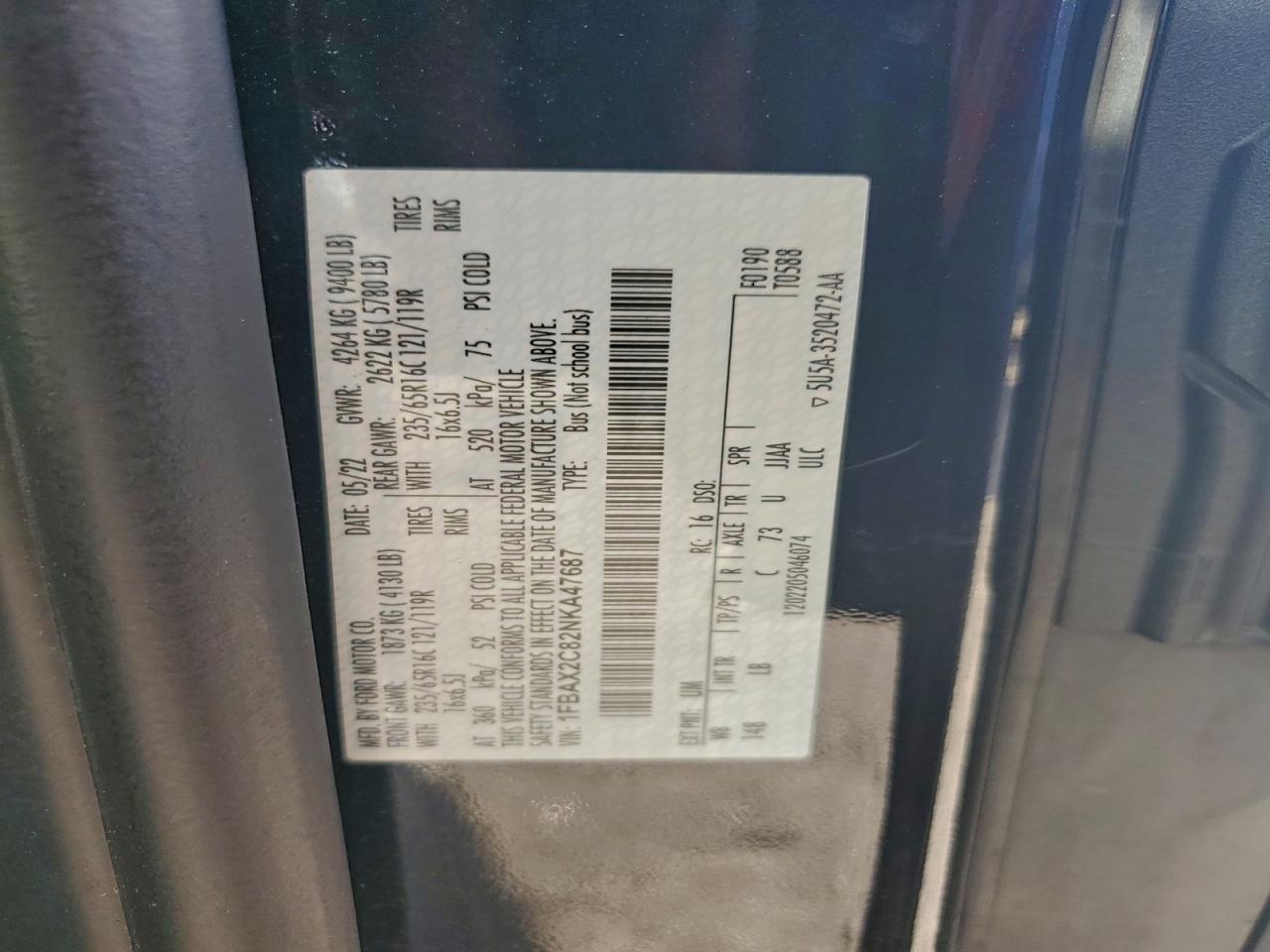 2022 Ford Transit T-350 VIN: 1FBAX2C82NKA47687 Lot: 94071325