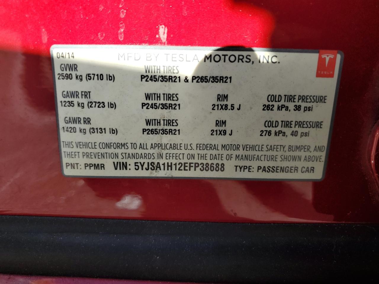 2014 Tesla Model S VIN: 5YJSA1H12EFP38688 Lot: 91662935