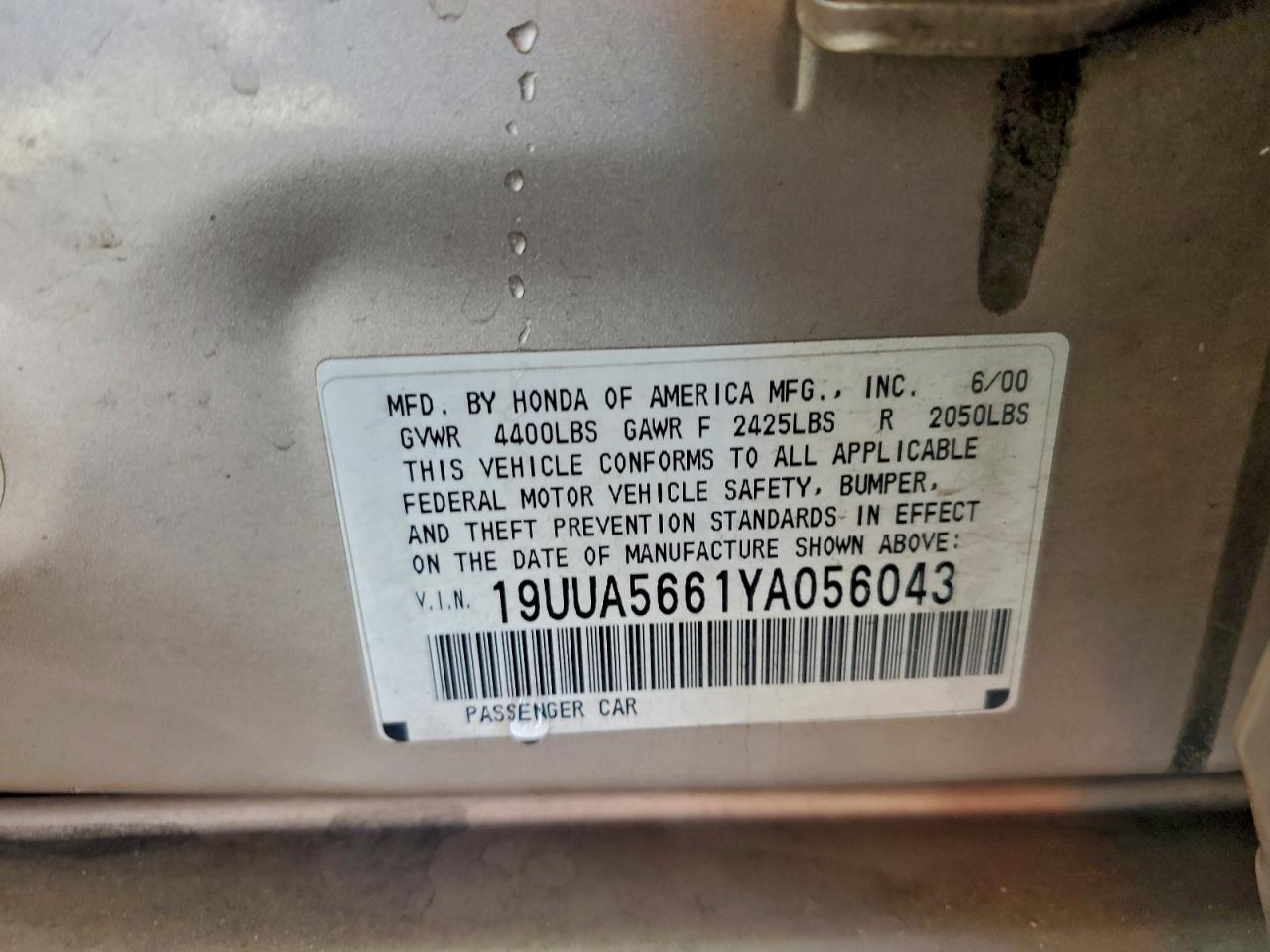 2000 Acura 3.2Tl VIN: 19UUA5661YA056043 Lot: 94164655