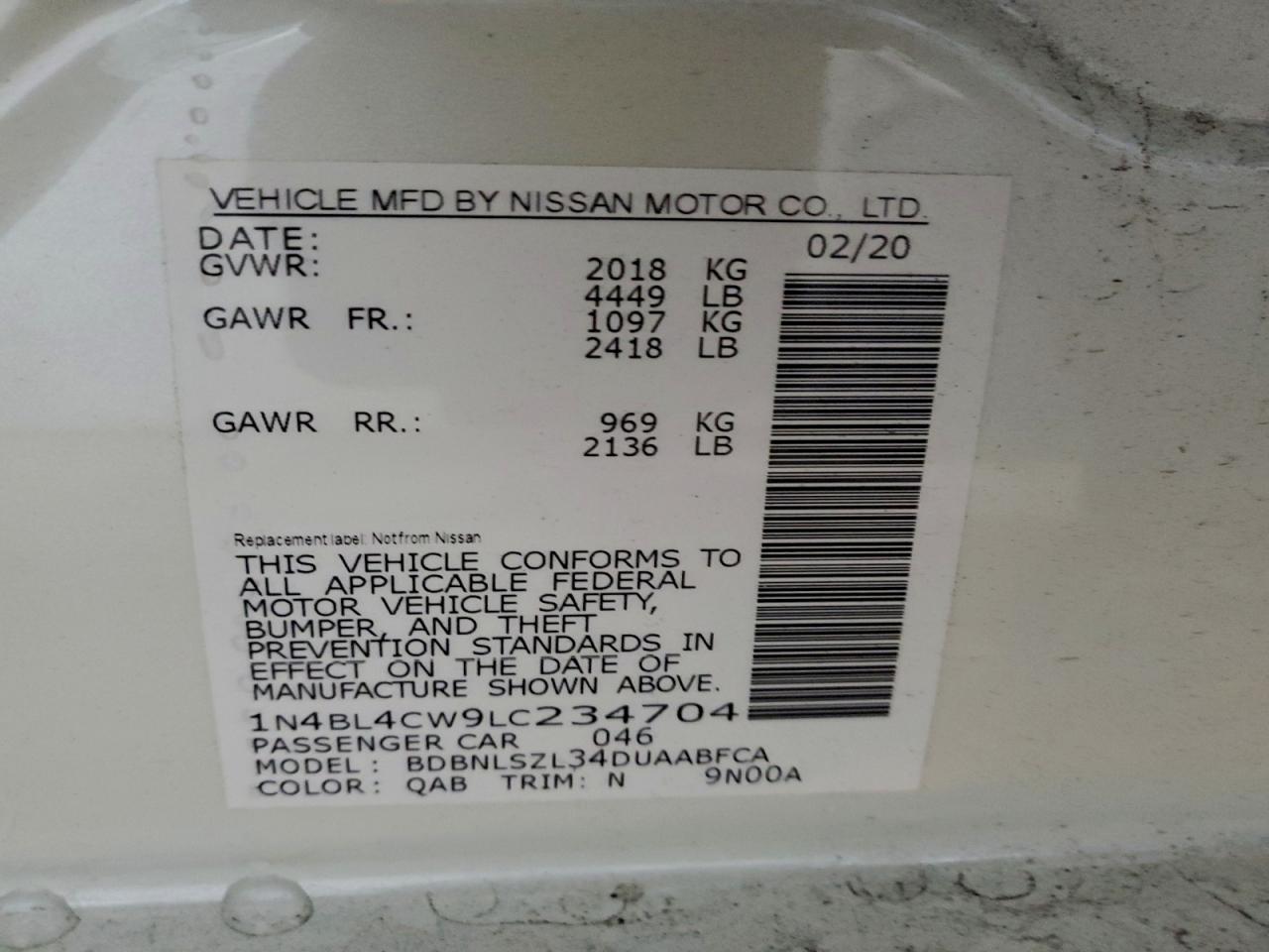 2020 Nissan Altima Sr VIN: 1N4BL4CW9LC234704 Lot: 93882035