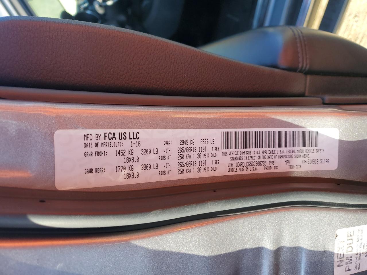 2016 Dodge Durango Limited VIN: 1C4RDJDG5GC308735 Lot: 92783985