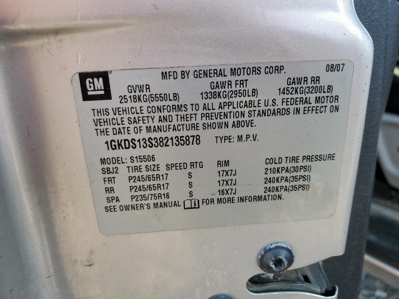 2008 GMC Envoy VIN: 1GKDS13S382135878 Lot: 91198635