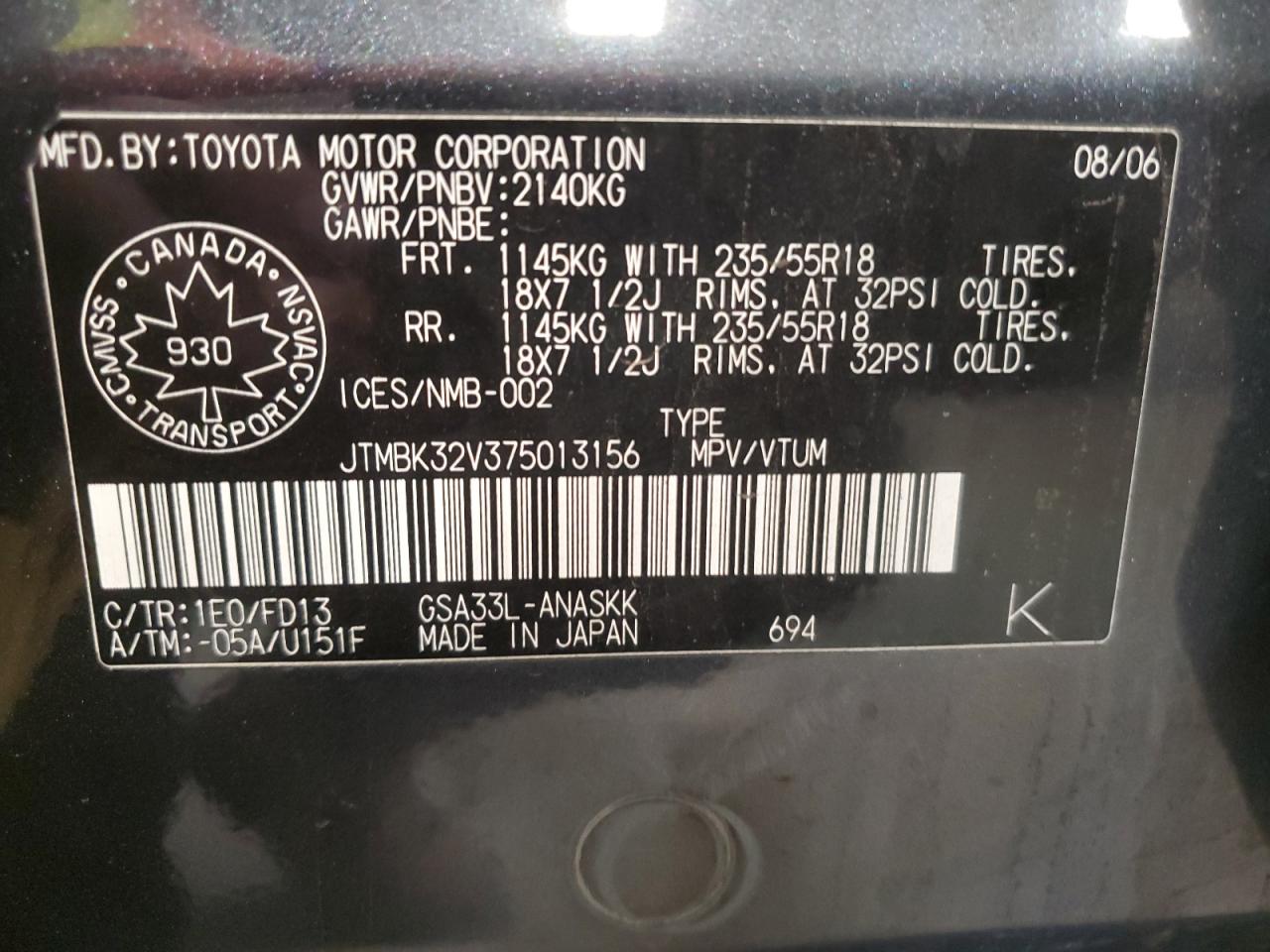 2007 Toyota Rav4 Sport VIN: JTMBK32V375013156 Lot: 91373595