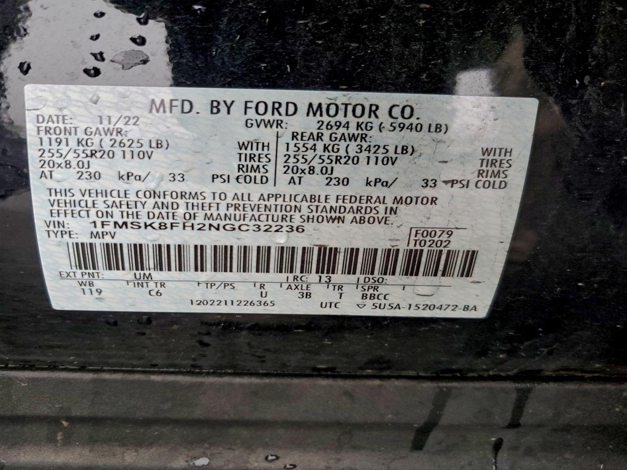 2022 Ford Explorer Limited VIN: 1FMSK8FH2NGC32236 Lot: 93979955