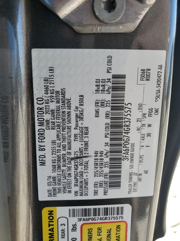 2016 Ford Fusion S VIN: 3FA6P0G74GR375575 Lot: 87130455