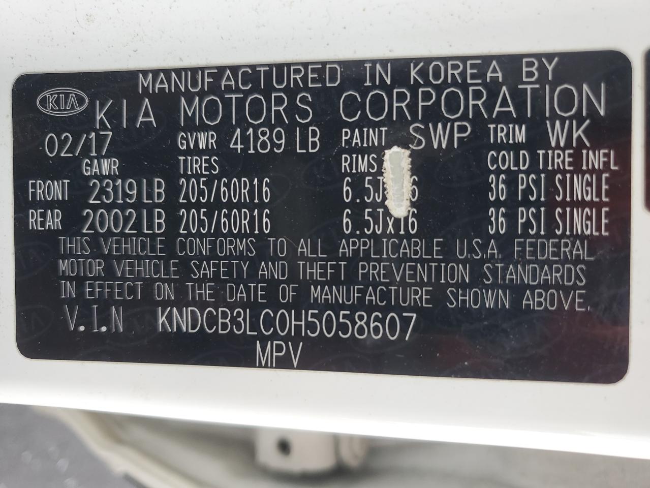 2017 Kia Niro Fe VIN: KNDCB3LC0H5058607 Lot: 91912095