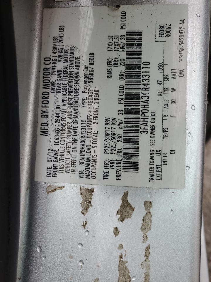 2012 Ford Fusion Se VIN: 3FAHP0HA3CR433110 Lot: 93537315