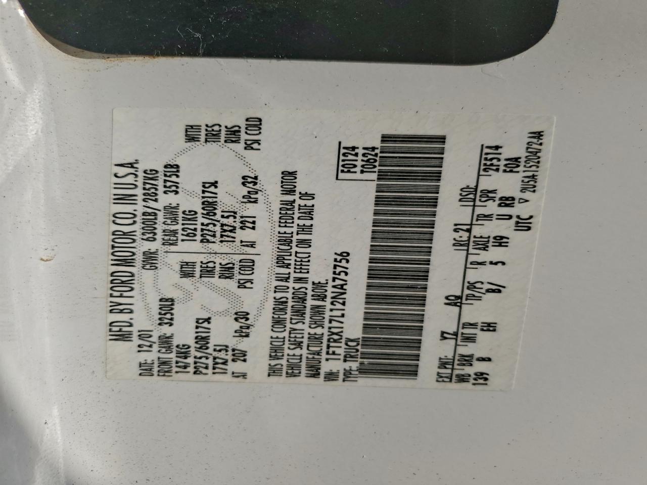 2002 Ford F150 VIN: 1FTRX17L12NA75756 Lot: 93842925