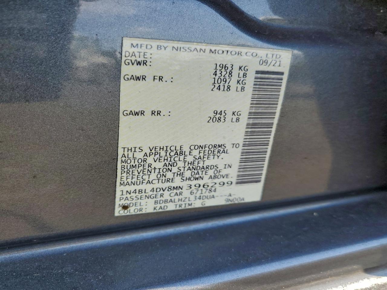 2021 Nissan Altima Sv VIN: 1N4BL4DV8MN396299 Lot: 93672755