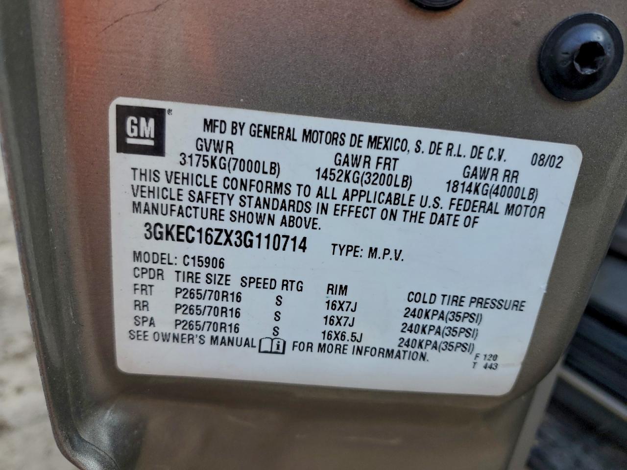 2003 GMC Yukon Xl C1500 VIN: 3GKEC16ZX3G110714 Lot: 93908635