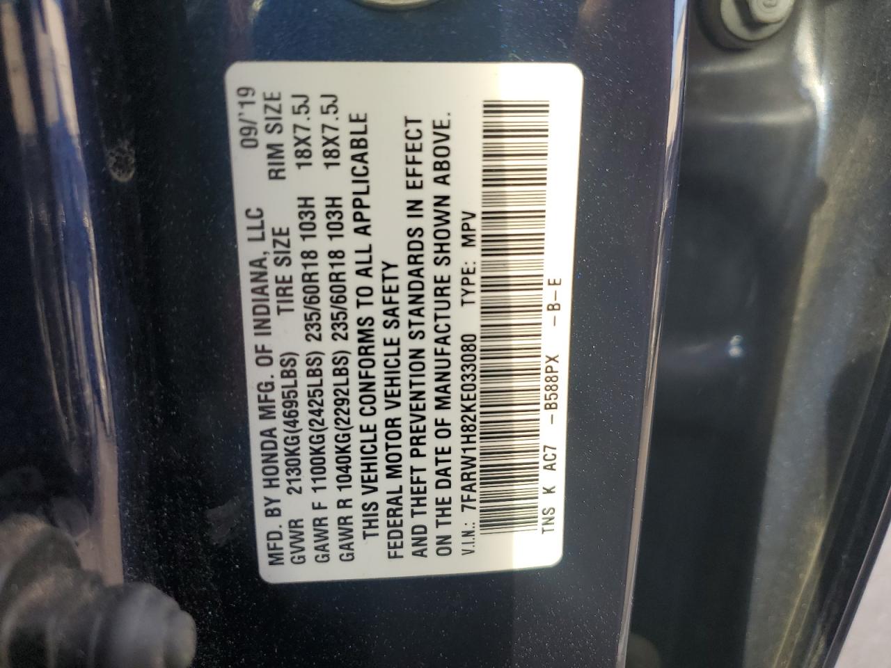 2019 Honda Cr-V Exl VIN: 7FARW1H82KE033080 Lot: 92315365