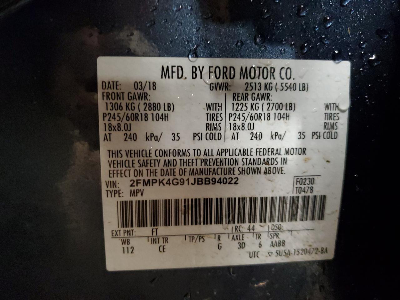 2018 Ford Edge Se VIN: 2FMPK4G91JBB94022 Lot: 92793655