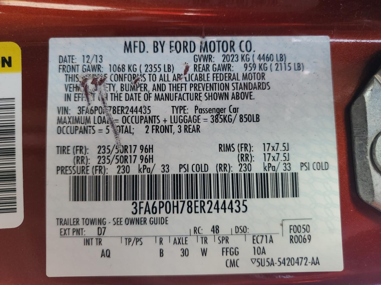 2014 Ford Fusion Se VIN: 3FA6P0H78ER244435 Lot: 92687925