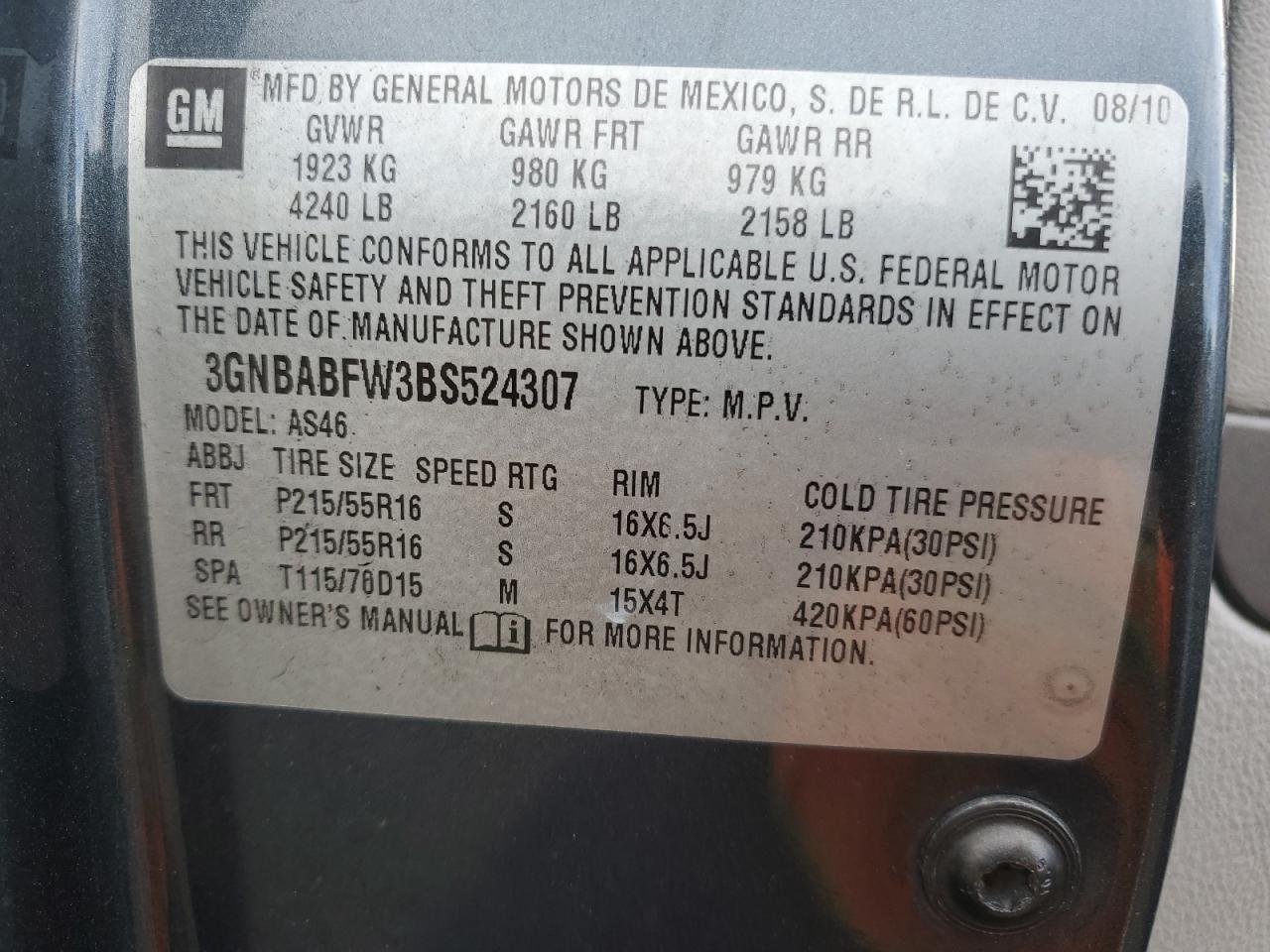 2011 Chevrolet Hhr Lt VIN: 3GNBABFW3BS524307 Lot: 92292735