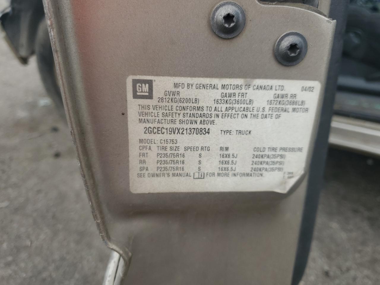 2002 Chevrolet Silverado C1500 VIN: 2GCEC19VX21370834 Lot: 93696665