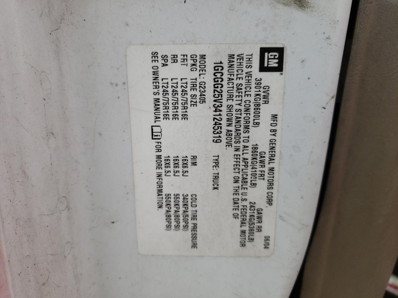 2004 Chevrolet Express G2500 VIN: 1GCGG25V341245319 Lot: 91871425