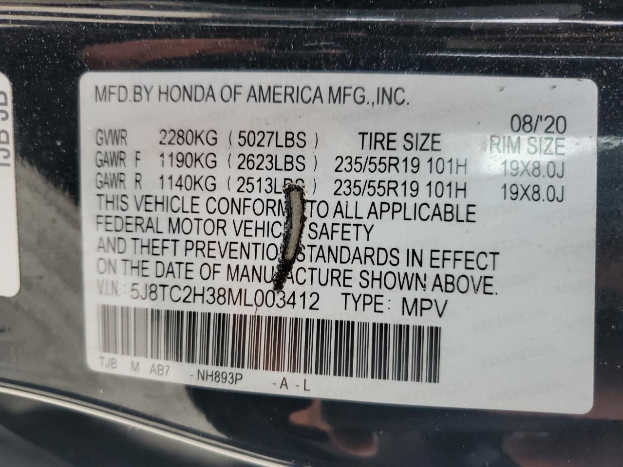 2021 Acura Rdx VIN: 5J8TC2H38ML003412 Lot: 92642665
