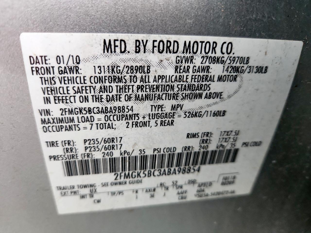 2010 Ford Flex Se VIN: 2FMGK5BC3ABA98854 Lot: 90031575