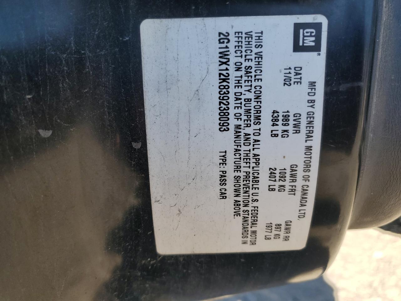 2003 Chevrolet Monte Carlo Ss VIN: 2G1WX12K839238093 Lot: 90686765