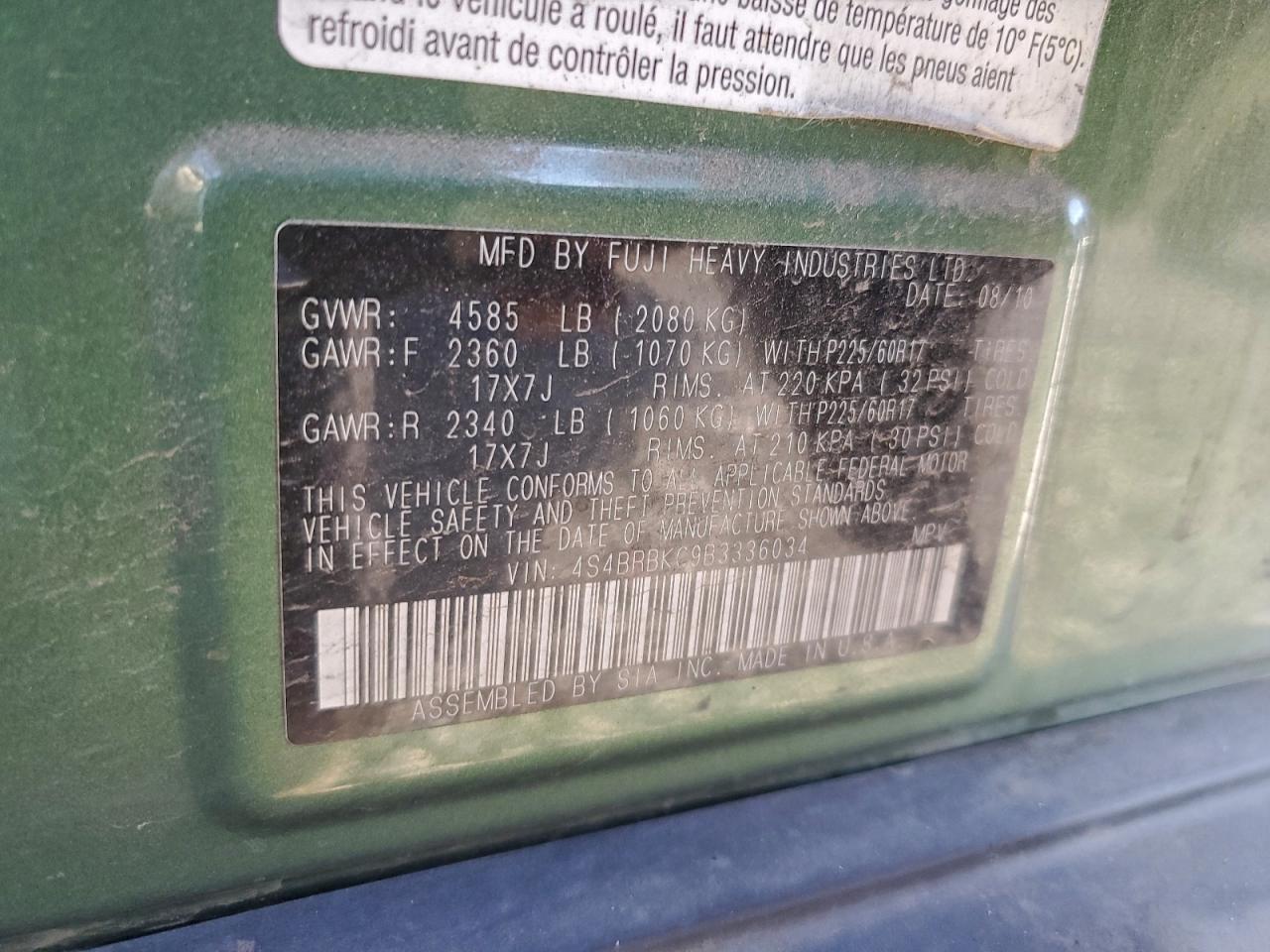 2011 Subaru Outback 2.5I Limited VIN: 4S4BRBKC9B3336034 Lot: 94299145