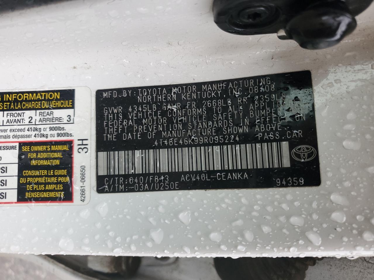 2009 Toyota Camry Base VIN: 4T4BE46K99R095224 Lot: 93660585