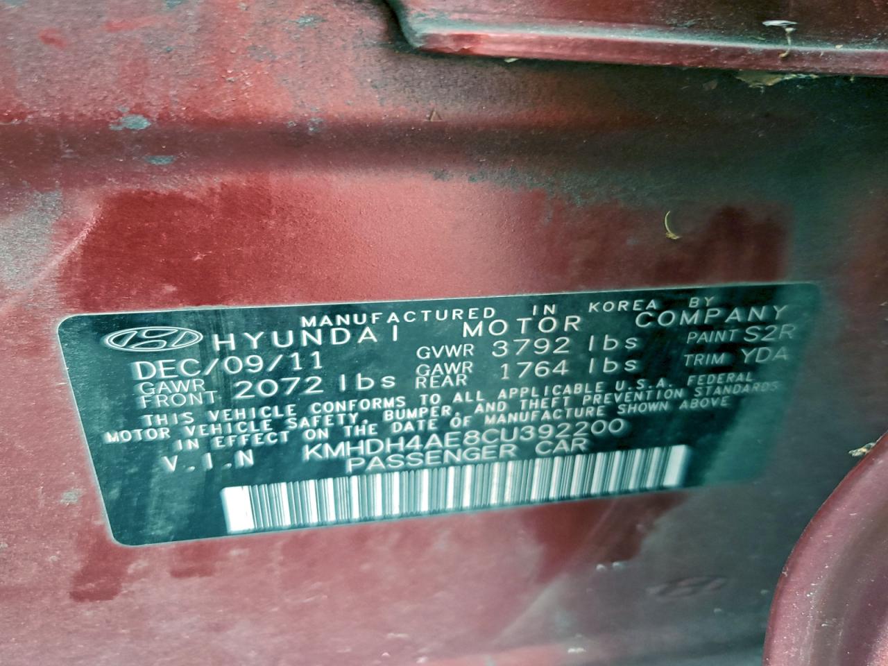 2012 Hyundai Elantra Gls VIN: KMHDH4AE8CU392200 Lot: 94463245