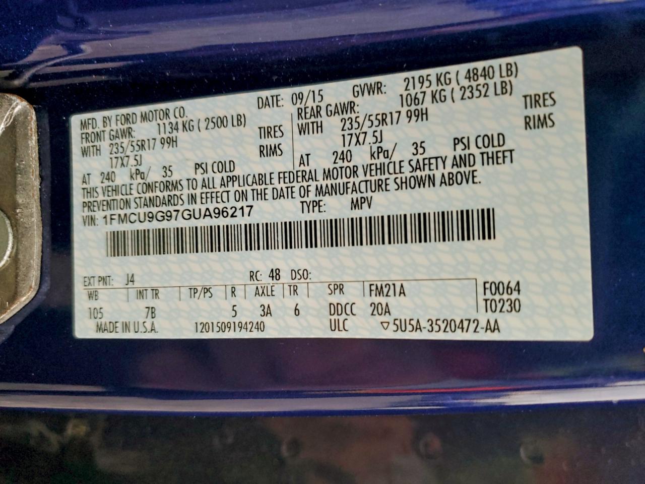 2016 Ford Escape Se VIN: 1FMCU9G97GUA96217 Lot: 93236115