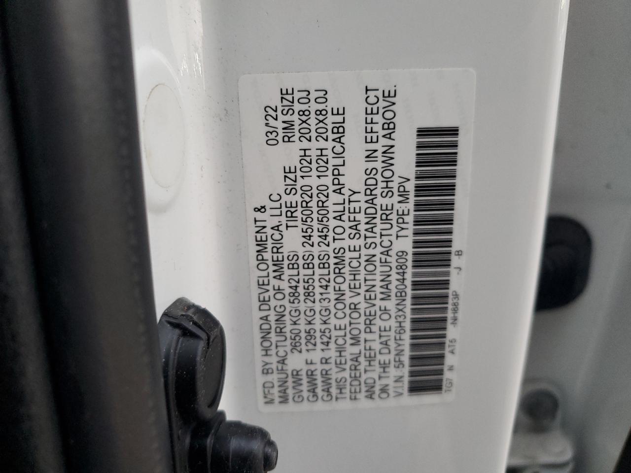 2022 Honda Pilot Sport VIN: 5FNYF6H3XNB044809 Lot: 91524825