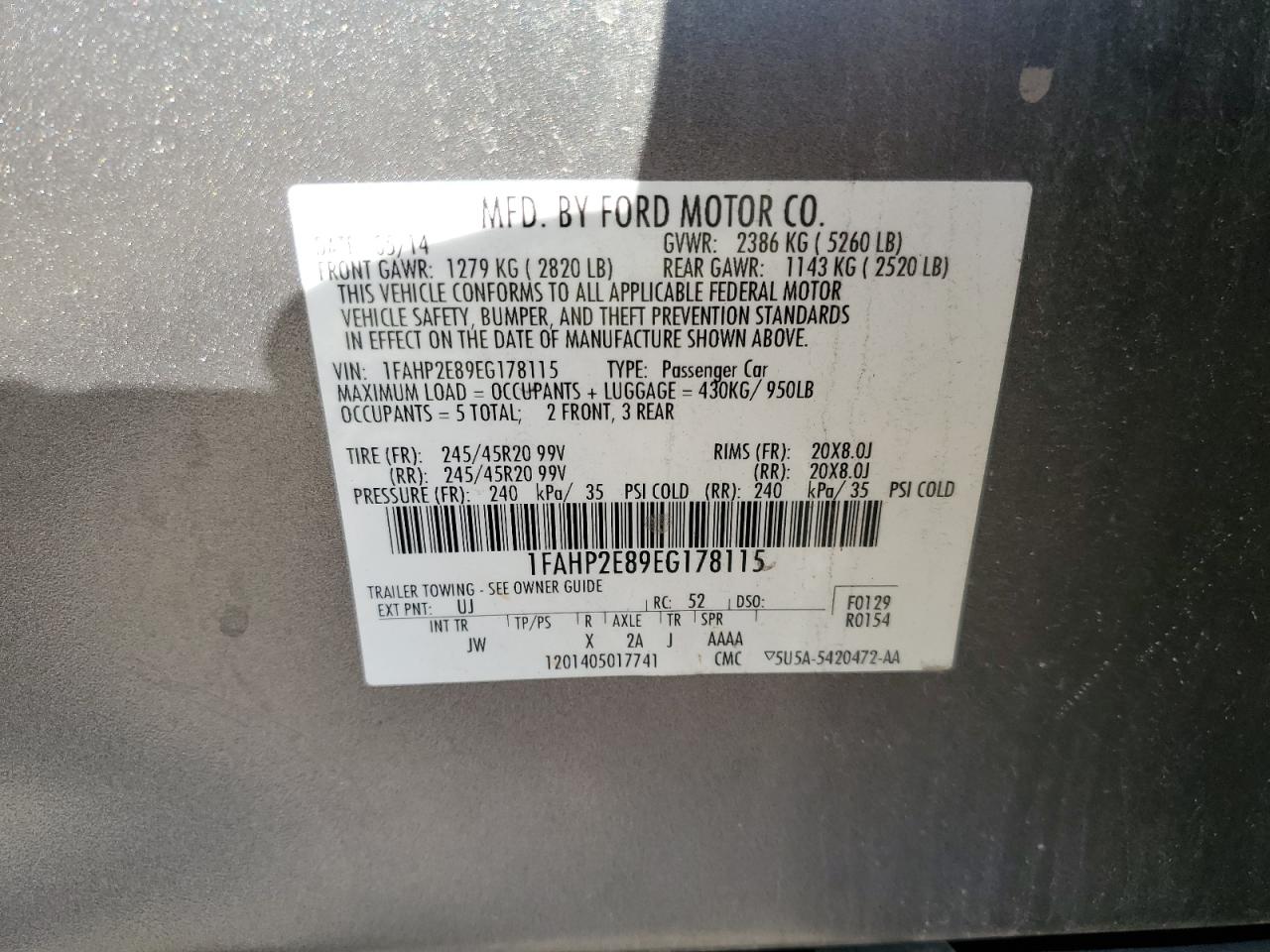 2014 Ford Taurus Sel VIN: 1FAHP2E89EG178115 Lot: 92883395